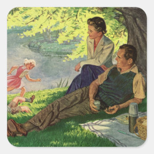 Vintage lustige Familienpicknick unter einem schat Quadratischer Aufkleber