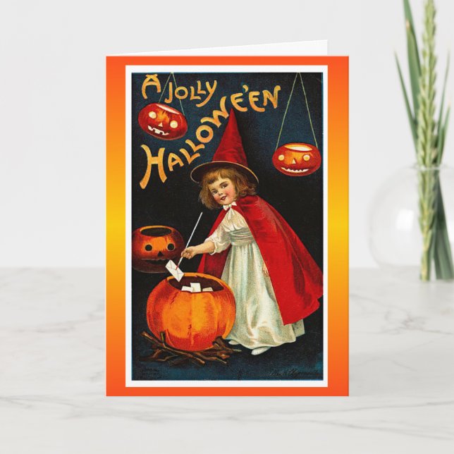 Vintage lustige Halloween-Rot-Hexe Karte (Vorderseite)