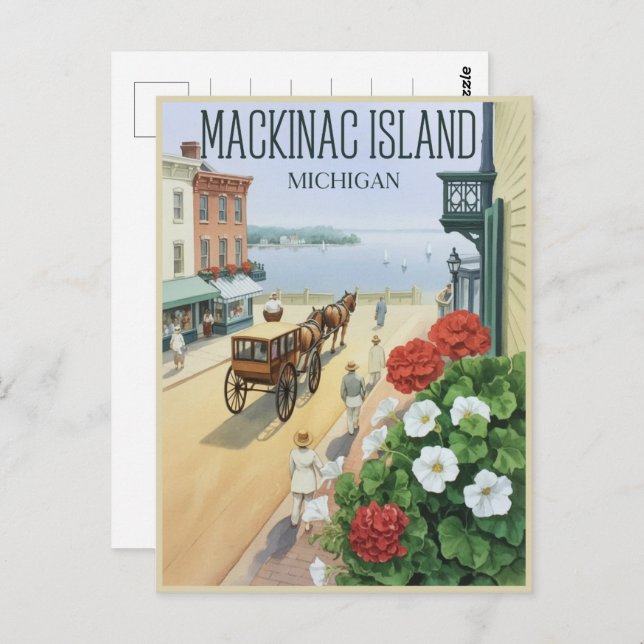 Vintage Mackinac Insel Michigan mit Blume Geschenk Postkarte (Vorne/Hinten)