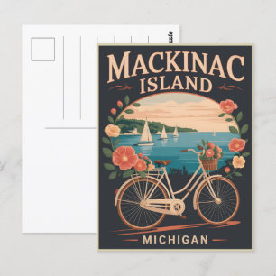 Vintage Mackinac Insel Michigan mit Fahrrad-Blume Postkarte