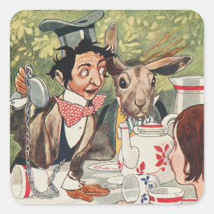 Vintage Mad Hatter-Teeparty-Alice-Illustration Quadratischer Aufkleber