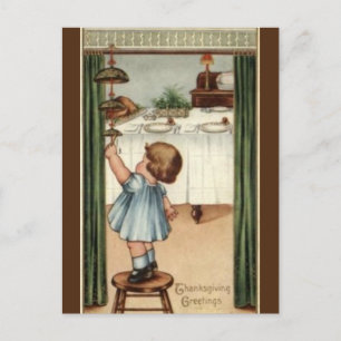Vintage Mädchen auf einem Hocker Thanksgiving Postkarte