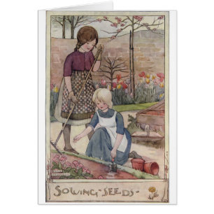 Vintage - Mädchen beim Gärtnern und Säen,