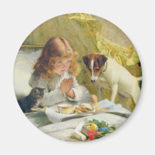 Vintage Mädchen beim Gebet mit Katze und Hund Art  Magnet