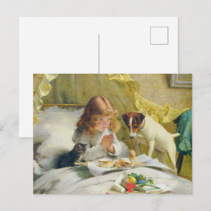 Vintage Mädchen beim Gebet mit Katze und Hund Art  Postkarte