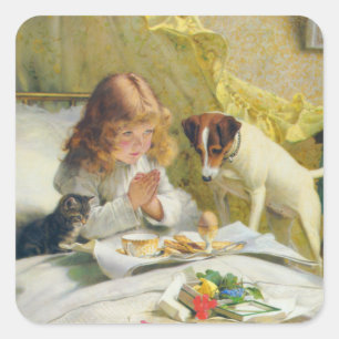 Vintage Mädchen beim Gebet mit Katze und Hund Art Quadratischer Aufkleber