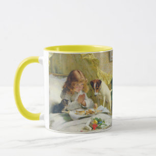Vintage Mädchen beim Gebet mit Katze und Hund Art  Tasse