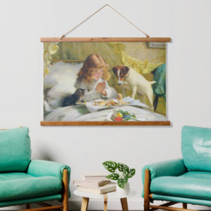 Vintage Mädchen beim Gebet mit Katze und Hund Art  Wandteppich Mit Holzrahmen