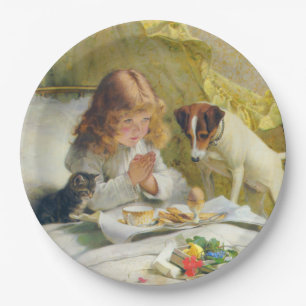 Vintage Mädchen beim Gebet mit Katze und Hund Kuns Pappteller