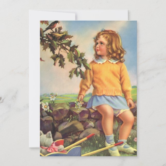 Vintage Mädchen beobachten Vögel in einem Baum, Fr (Vorderseite)