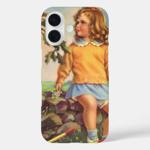Vintage Mädchen beobachten Vögel in einem Baum, Fr iPhone 16 Hülle