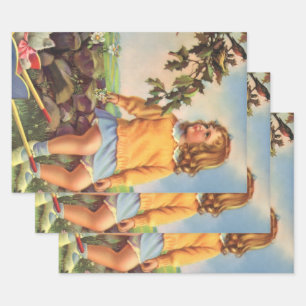 Vintage Mädchen beobachten Vögel in einem Baum, Fr Geschenkpapier Set