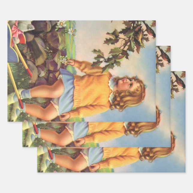 Vintage Mädchen beobachten Vögel in einem Baum, Fr Geschenkpapier Set (Set)
