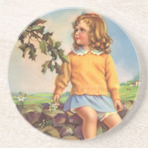 Vintage Mädchen beobachten Vögel in einem Baum, Fr Getränkeuntersetzer