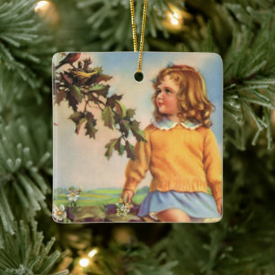Vintage Mädchen beobachten Vögel in einem Baum, Fr Keramikornament
