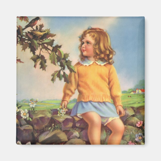 Vintage Mädchen beobachten Vögel in einem Baum, Fr Magnet (Vorne)