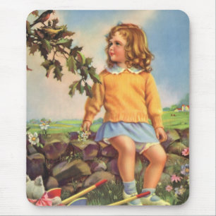 Vintage Mädchen beobachten Vögel in einem Baum, Fr Mousepad