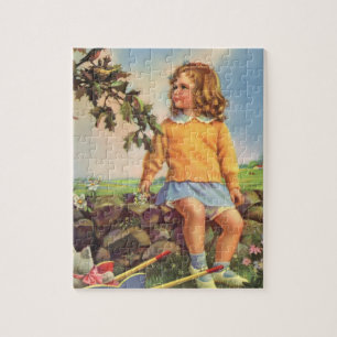 Vintage Mädchen beobachten Vögel in einem Baum, Fr Puzzle