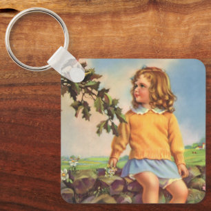 Vintage Mädchen beobachten Vögel in einem Baum, Fr Schlüsselanhänger