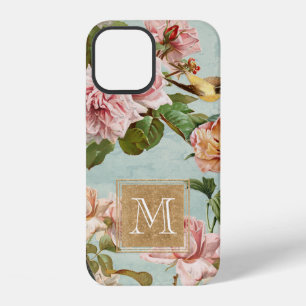 Vintage Mädchen Blumen Gold Glitter Minze Monogram iPhone 12 Hülle