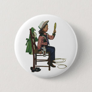 Vintage Mädchen Cowgirl beim Blick in den Spiegel Button