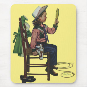 Vintage Mädchen Cowgirl beim Blick in den Spiegel  Mousepad