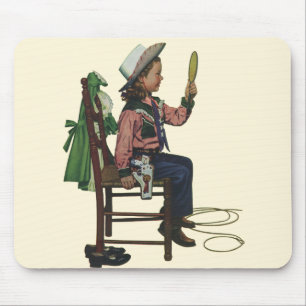 Vintage Mädchen Cowgirl beim Blick in den Spiegel Mousepad