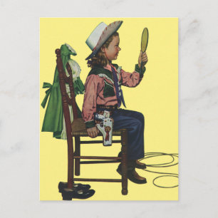 Vintage Mädchen Cowgirl beim Blick in den Spiegel Postkarte