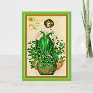 Vintage Mädchen grüner Kleid Kleeblätter St. Patri Karte