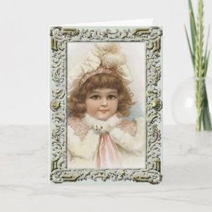 Vintage Mädchen im Wintermantel Weihnachtskarte Feiertagskarte