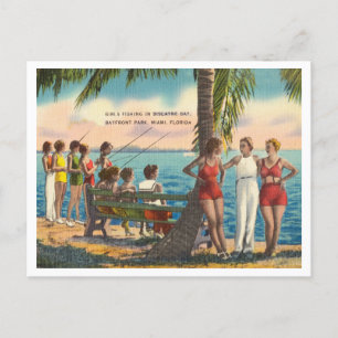 Vintage Mädchen in Badeanzügen beim Fischen Miami Postkarte