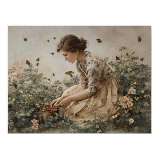 Vintage Mädchen in blühender Gartenkunst Poster (Vorderseite)