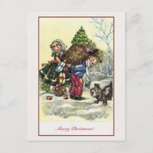 Vintage Mädchen, Junge Weihnachtsbaum Feiertagspostkarte
