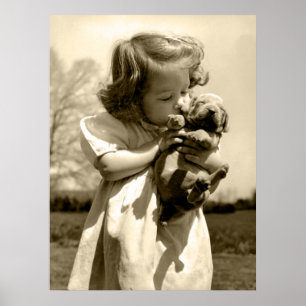 Vintage Mädchen küsst Welpen Poster