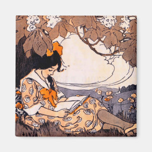 Vintage Mädchen-Lesung unter einem Baum Magnet