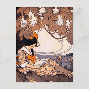 Vintage Mädchen liest unter einem Baum Postkarte