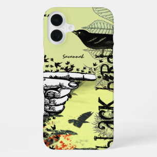 Vintage Mädchen Mint Schwarzer Vogel Muster iPhone 16 Plus Hülle