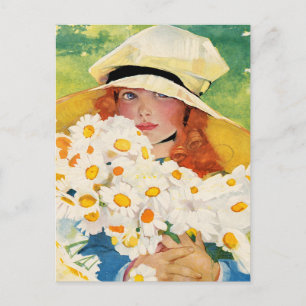 Vintage Mädchen mit Gänseblümchen Feiertagspostkarte