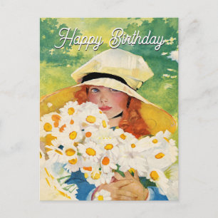 Vintage Mädchen mit Gänseblümchen Feiertagspostkarte