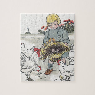 Vintage Mädchen mit Hühnern, E ist ein Ei Puzzle