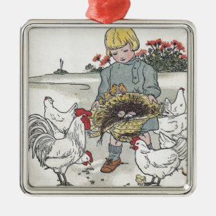 Vintage Mädchen mit Hühnern, E ist ein Ei Silbernes Ornament