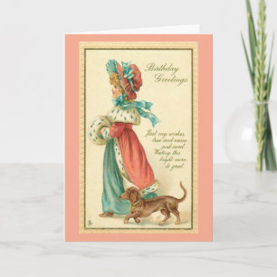 Vintage Mädchen mit Hund Geburtstag Grußkarte Karte