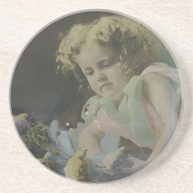 Vintage Mädchen mit Küken Untersetzer (Vorne)