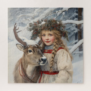 Vintage Mädchen mit Rentier Puzzle