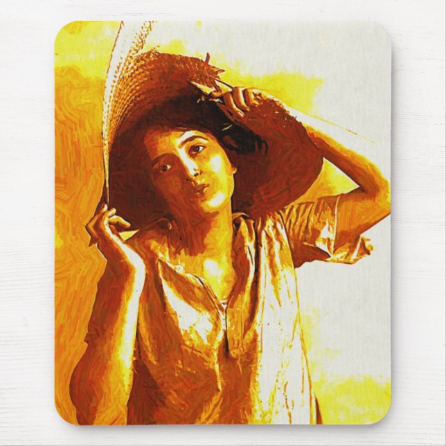 Vintage Mädchen mit Strohhut Mauspad (Vorne)