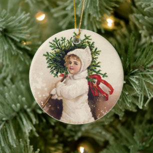 Vintage Mädchen mit Weihnachtsbaum, Ellen Clapsadd Keramik Ornament