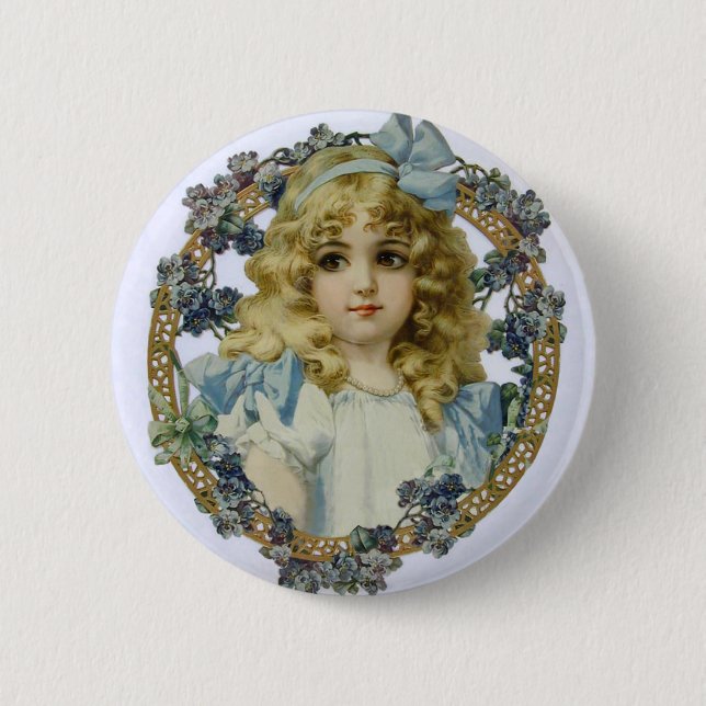 Vintage Mädchen mit wunderschönen Blumen und Schle Button (Vorderseite)