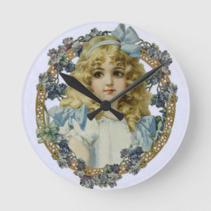 Vintage Mädchen mit wunderschönen Blumen und Schle Runde Wanduhr