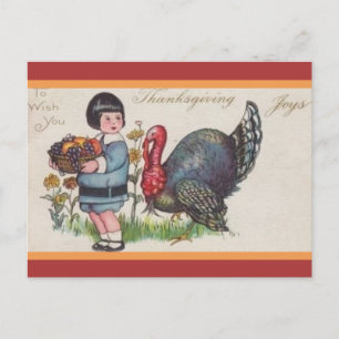 Vintage Mädchen Obstkorb Truthahn Thanksgiving Postkarte