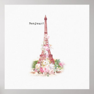 Vintage Mädchen rosa Blumen Paris Eiffelturm Poster